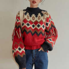 Wholesale-Colorful Geometric Knit Sweater with Tassel Sleeves