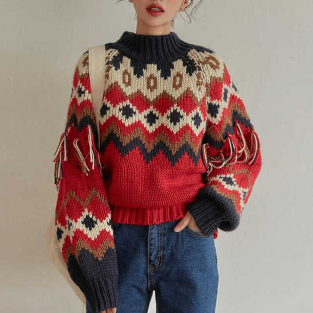 Wholesale-Colorful Geometric Knit Sweater with Tassel Sleeves