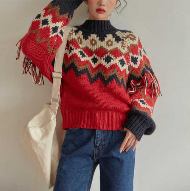 Wholesale-Colorful Geometric Knit Sweater with Tassel Sleeves