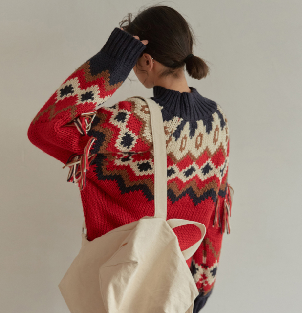 Wholesale-Colorful Geometric Knit Sweater with Tassel Sleeves