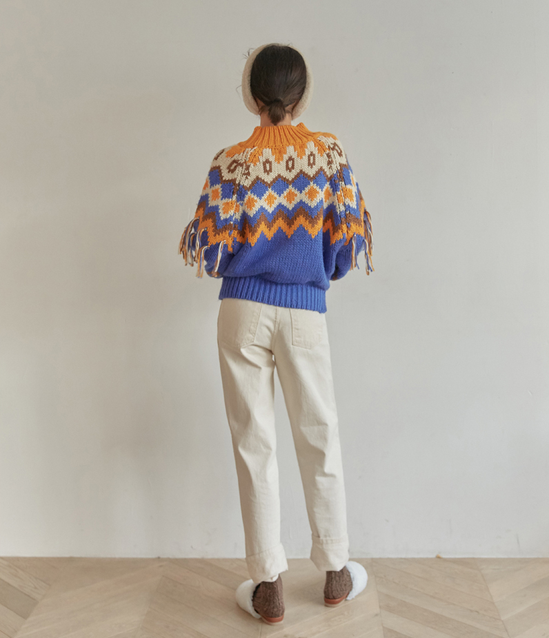 Wholesale-Colorful Geometric Knit Sweater with Tassel Sleeves