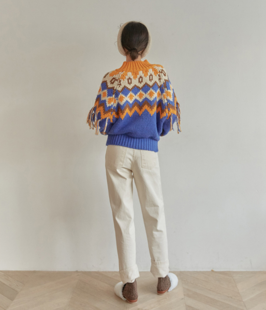 Wholesale-Colorful Geometric Knit Sweater with Tassel Sleeves