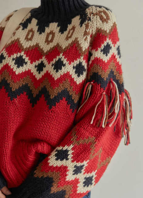 Wholesale-Colorful Geometric Knit Sweater with Tassel Sleeves