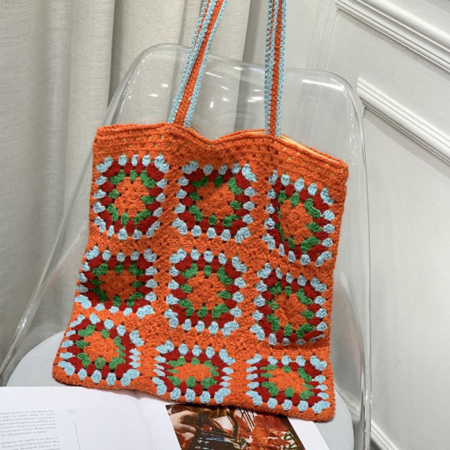 OEM ODM Handmade Crochet Granny Square Tote Bag