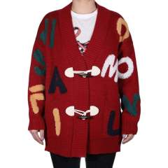 OEM ODM Women's Red Graphic Knit Cardigan with Colorful Letter Embellishments