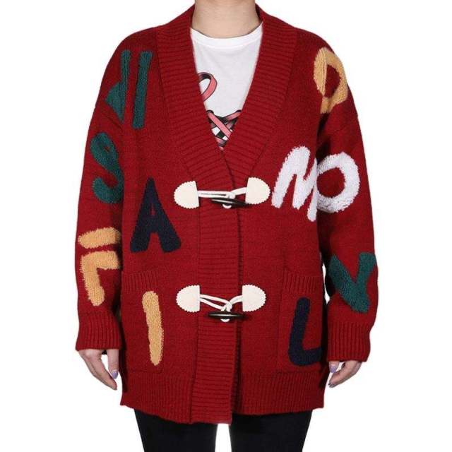 OEM ODM Women's Red Graphic Knit Cardigan with Colorful Letter Embellishments