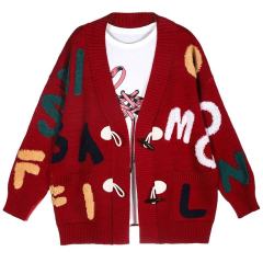 OEM ODM Women's Red Graphic Knit Cardigan with Colorful Letter Embellishments