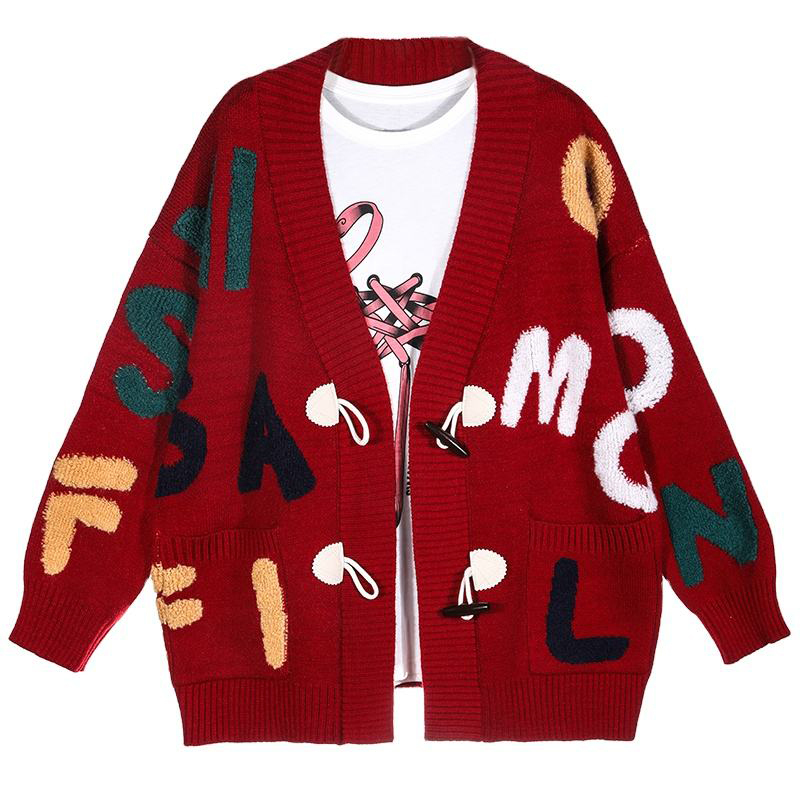 OEM ODM Women's Red Graphic Knit Cardigan with Colorful Letter Embellishments