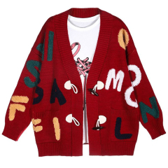 OEM ODM Women's Red Graphic Knit Cardigan with Colorful Letter Embellishments