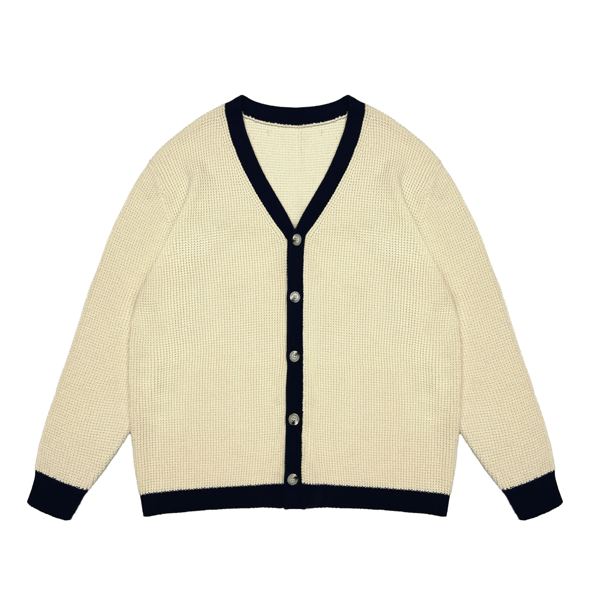 OEM ODM Women's Cream V-Neck Cardigan with Navy Trim