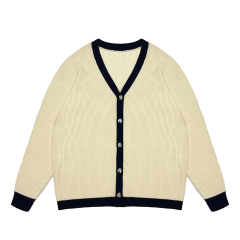 OEM ODM Women's Cream V-Neck Cardigan with Navy Trim