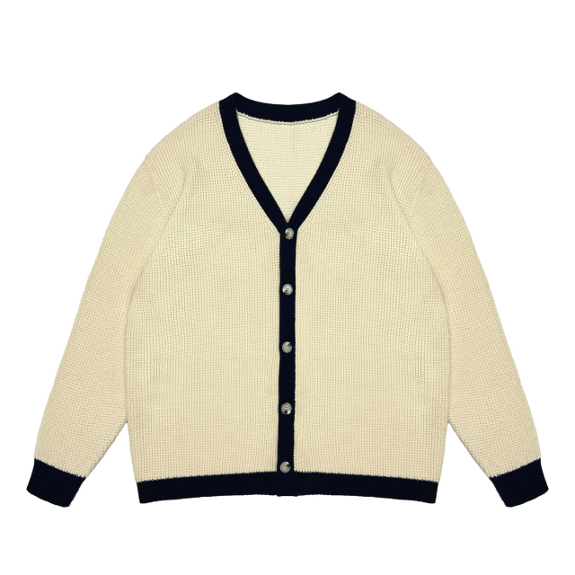 OEM ODM Women's Cream V-Neck Cardigan with Navy Trim