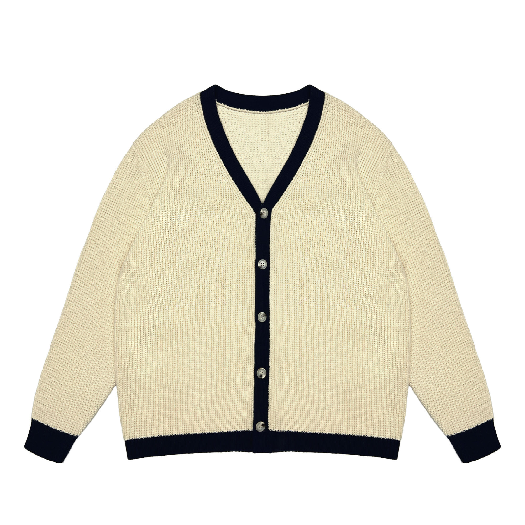 OEM ODM Women's Cream V-Neck Cardigan with Navy Trim
