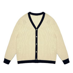 OEM ODM Women's Cream V-Neck Cardigan with Navy Trim