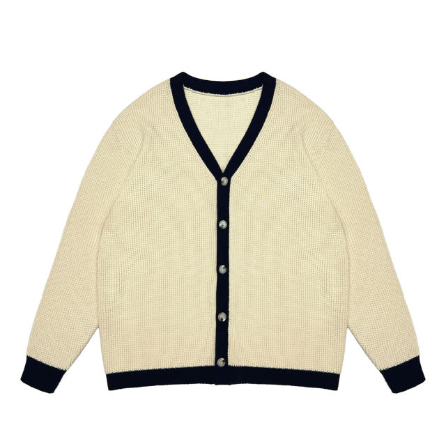 OEM ODM Women's Cream V-Neck Cardigan with Navy Trim