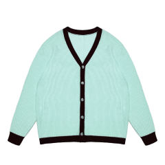 OEM ODM Women's Cream V-Neck Cardigan with Navy Trim