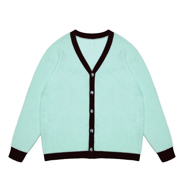 OEM ODM Women's Cream V-Neck Cardigan with Navy Trim