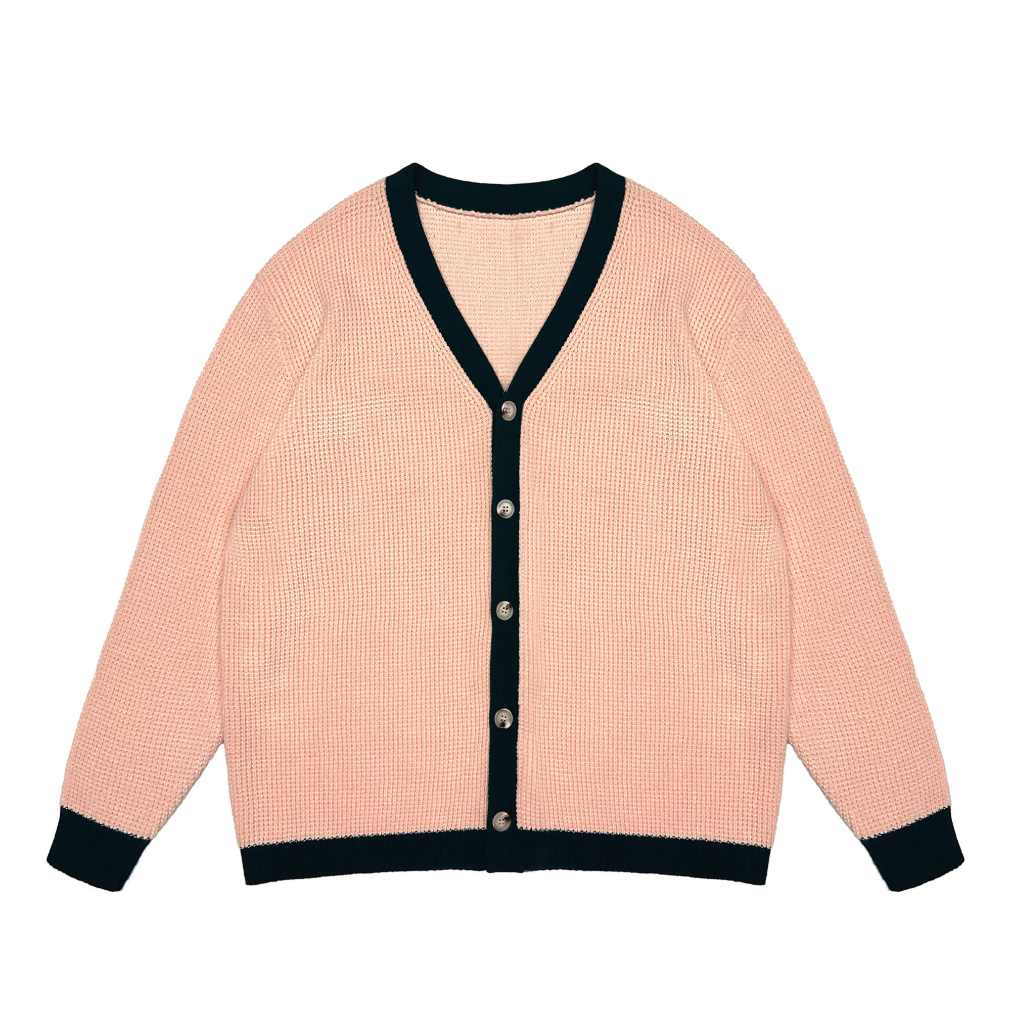 OEM ODM Women's Cream V-Neck Cardigan with Navy Trim
