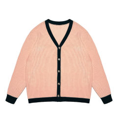 OEM ODM Women's Cream V-Neck Cardigan with Navy Trim