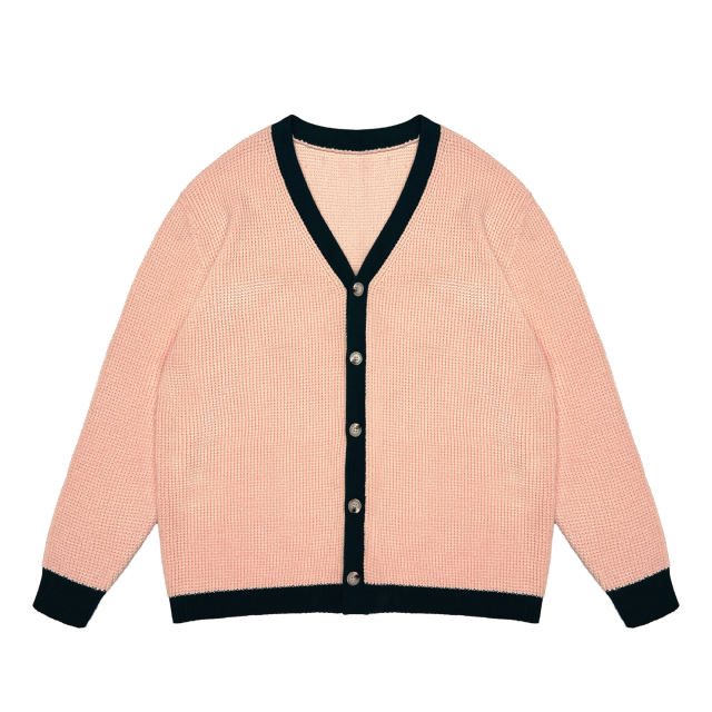 OEM ODM Women's Cream V-Neck Cardigan with Navy Trim