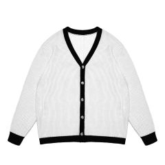OEM ODM Women's Cream V-Neck Cardigan with Navy Trim