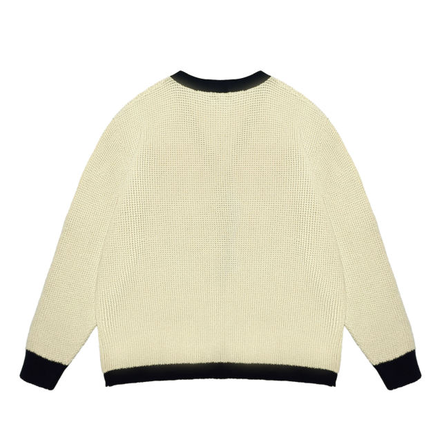 OEM ODM Women's Cream V-Neck Cardigan with Navy Trim
