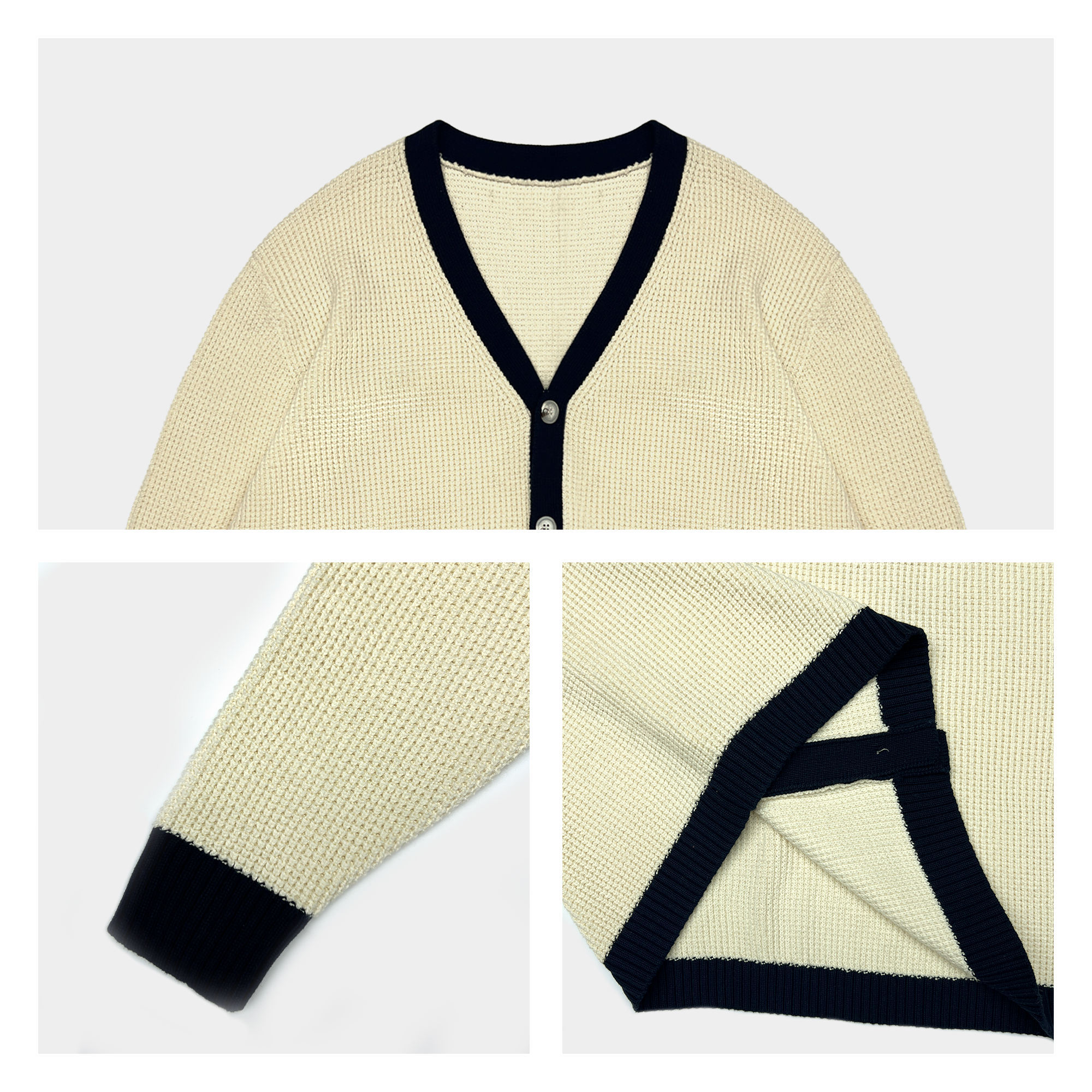 OEM ODM Women's Cream V-Neck Cardigan with Navy Trim