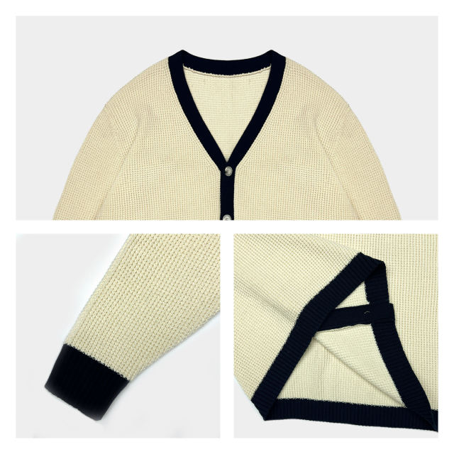 OEM ODM Women's Cream V-Neck Cardigan with Navy Trim