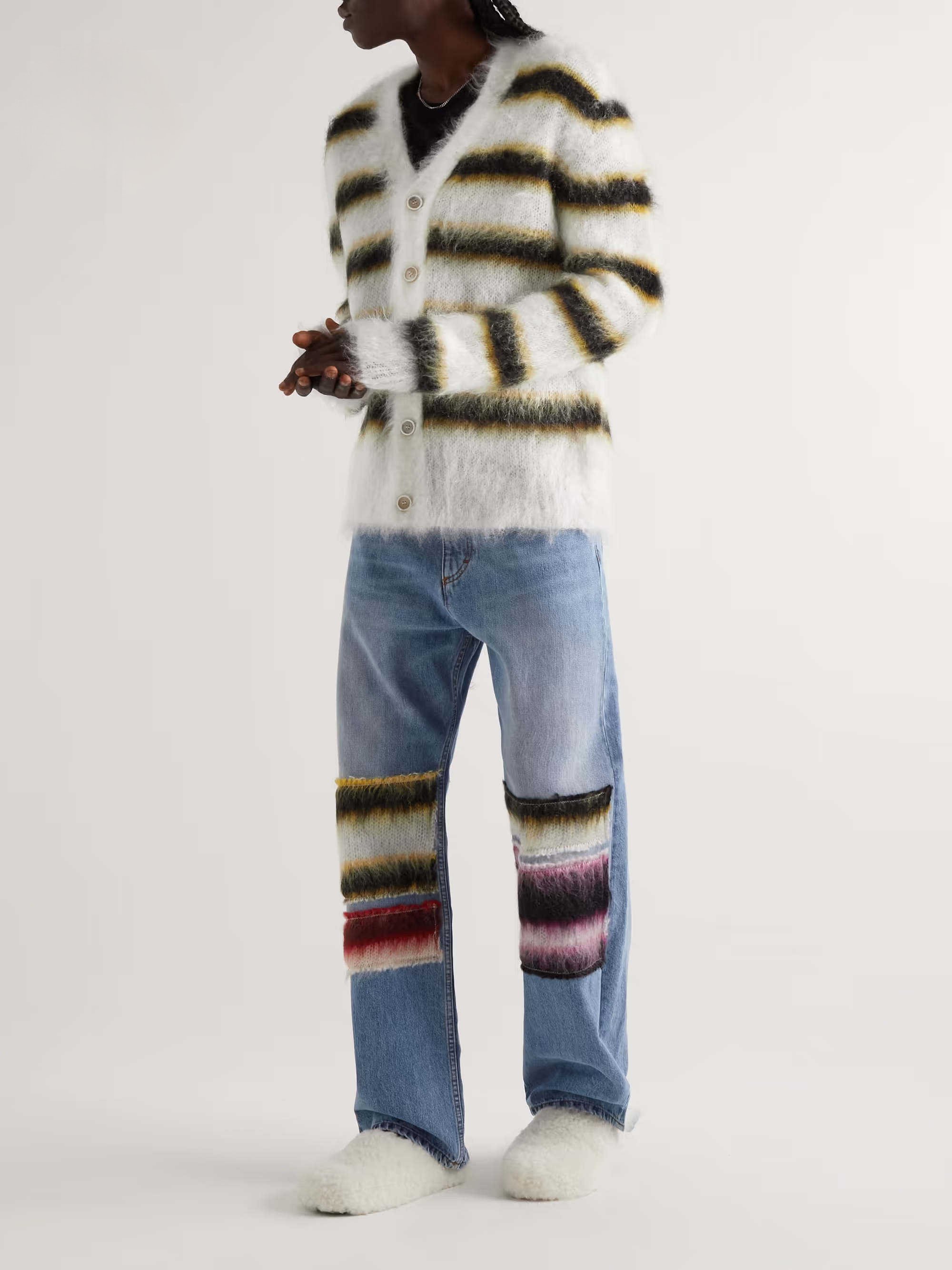 OEM ODM Women's Striped Mohair Cardigan with V-Neck and Button Closure