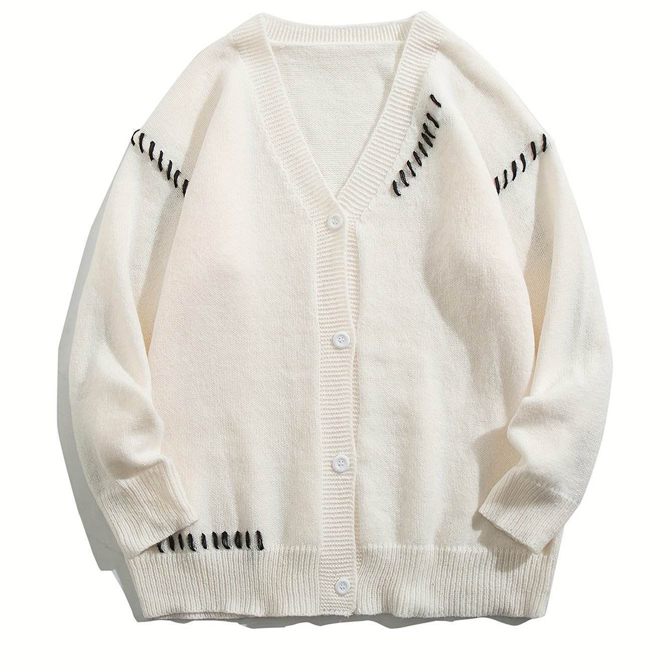 OEM ODM Women's White V-Neck Cardigan with Black Stitch Detail