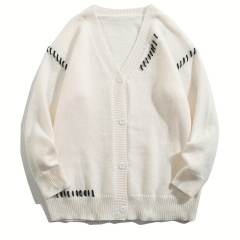 OEM ODM Women's White V-Neck Cardigan with Black Stitch Detail