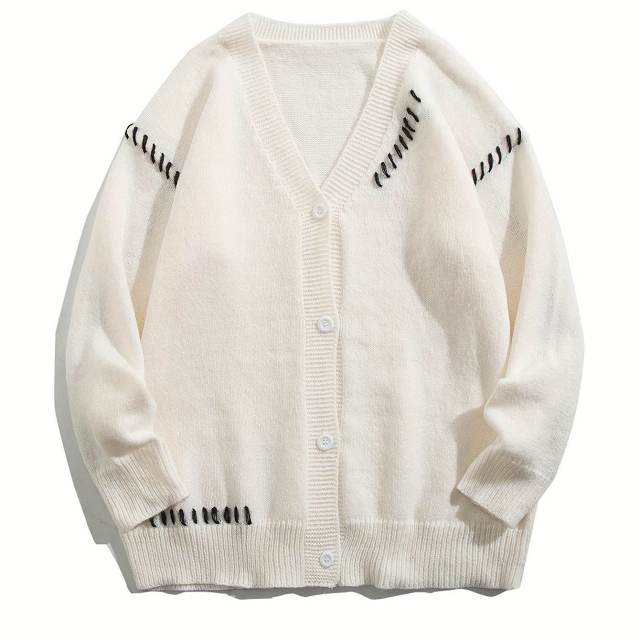 OEM ODM Women's White V-Neck Cardigan with Black Stitch Detail