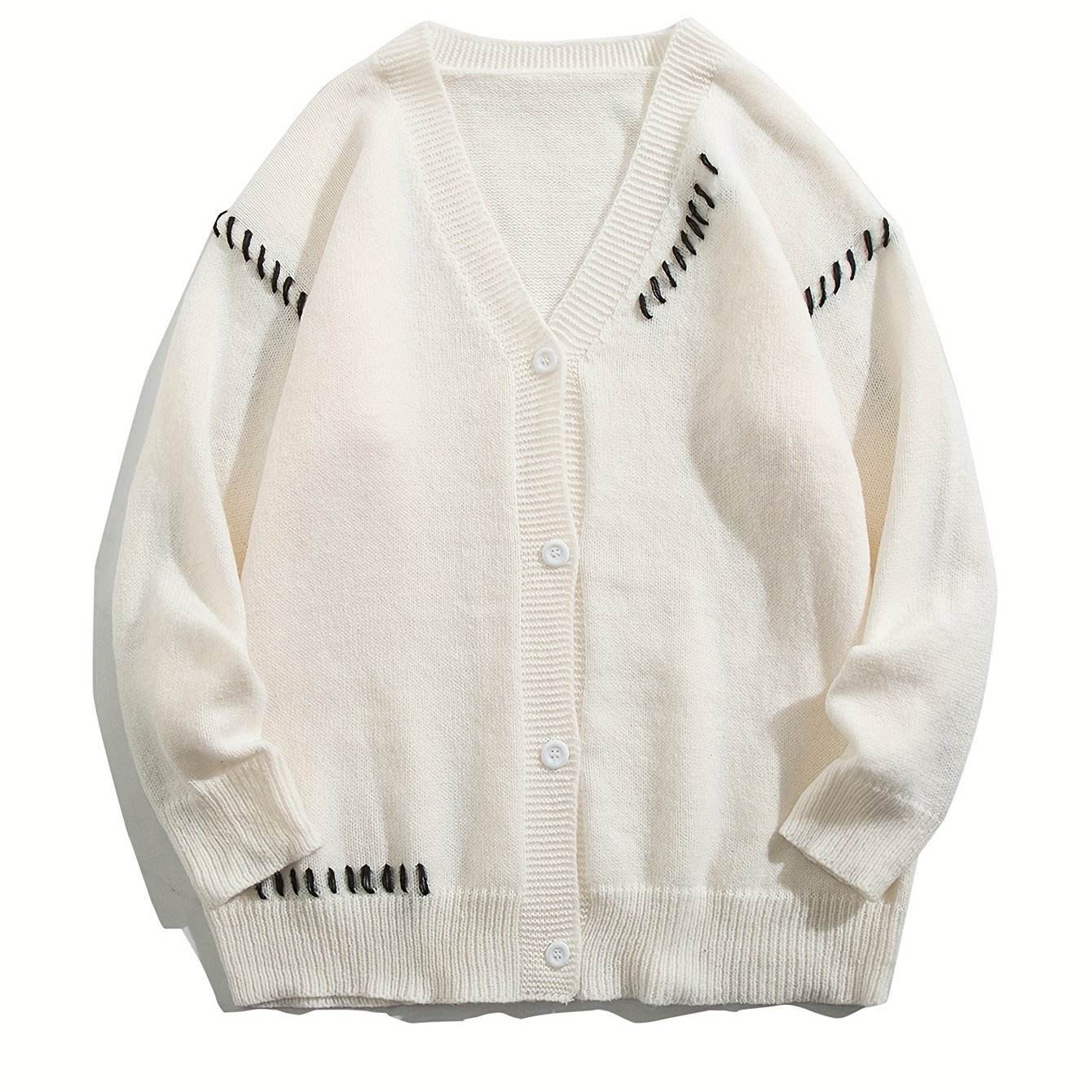 OEM ODM Women's White V-Neck Cardigan with Black Stitch Detail