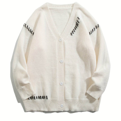 OEM ODM Women's White V-Neck Cardigan with Black Stitch Detail