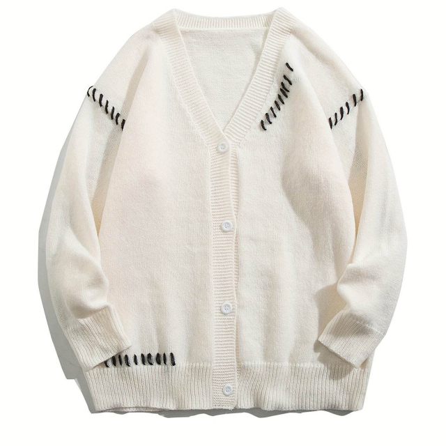 OEM ODM Women's White V-Neck Cardigan with Black Stitch Detail