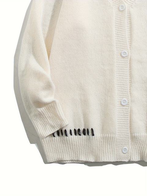 OEM ODM Women's White V-Neck Cardigan with Black Stitch Detail