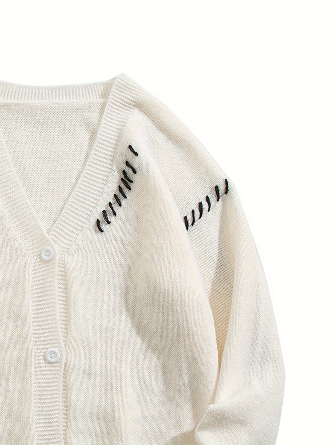 OEM ODM Women's White V-Neck Cardigan with Black Stitch Detail