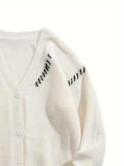 OEM ODM Women's White V-Neck Cardigan with Black Stitch Detail