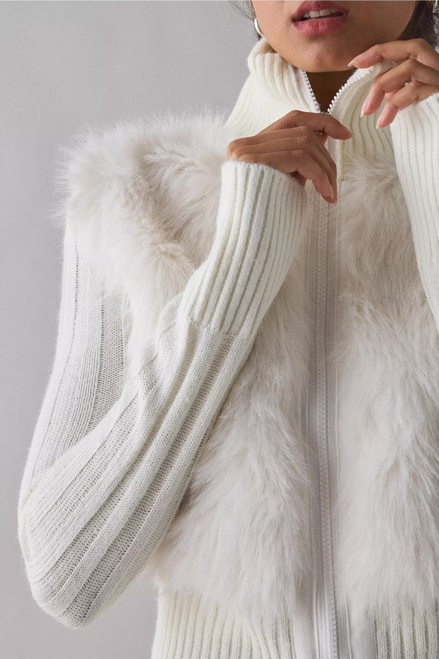 Wholesale Women's White Faux Fur Zip-Up Cardigan