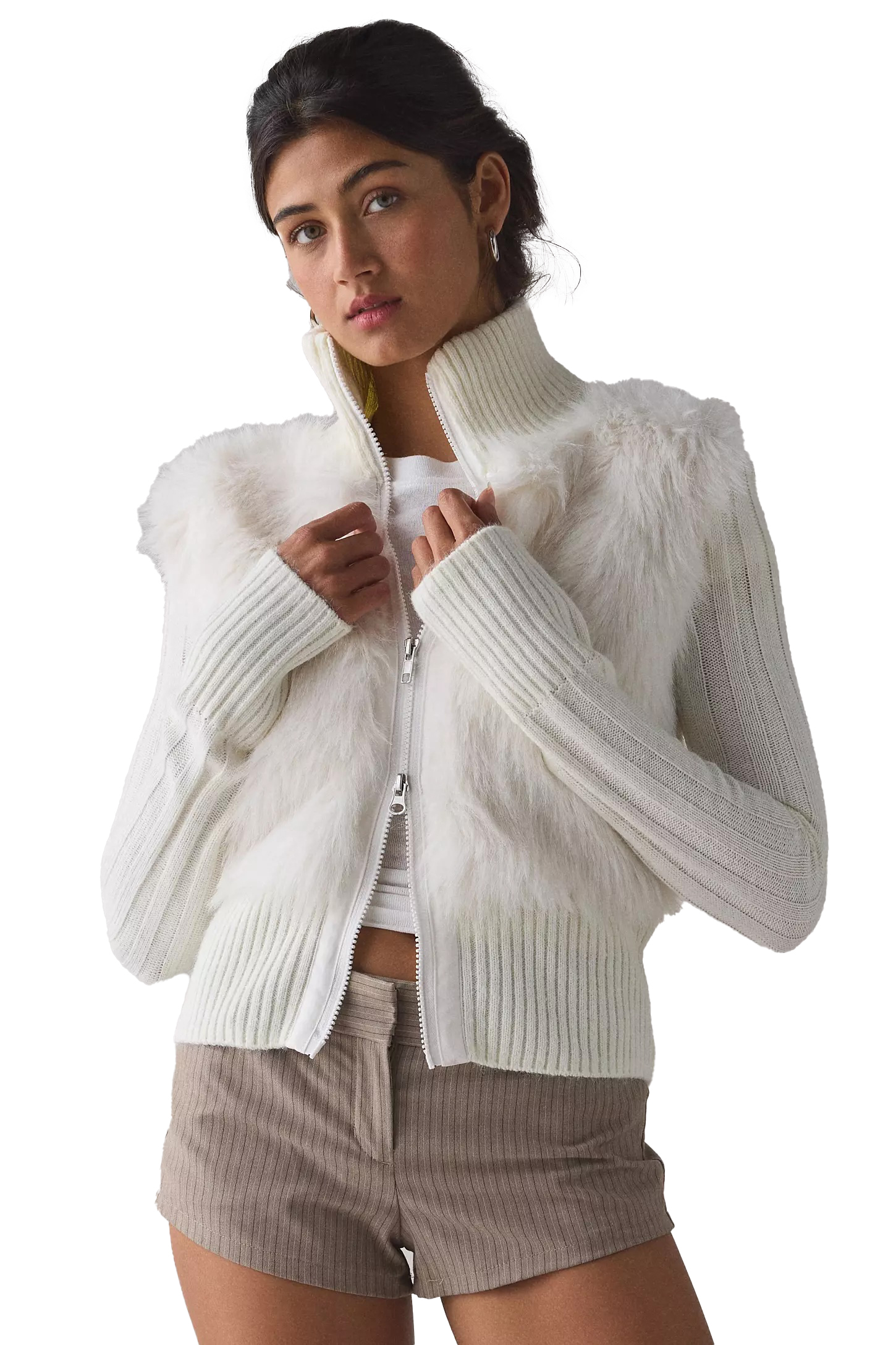 Wholesale Women's White Faux Fur Zip-Up Cardigan
