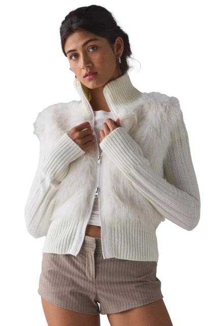 Wholesale Women's White Faux Fur Zip-Up Cardigan