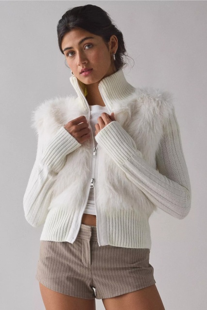 Wholesale Women's White Faux Fur Zip-Up Cardigan