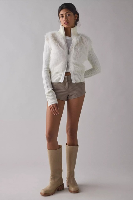 Wholesale Women's White Faux Fur Zip-Up Cardigan