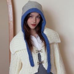 OEM ODM Women's White Chunky Knit Cardigan with Blue Hood