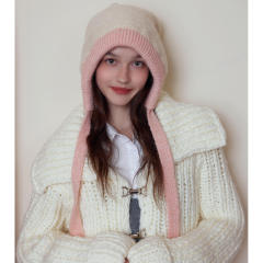 OEM ODM Women's White Chunky Knit Cardigan with Blue Hood