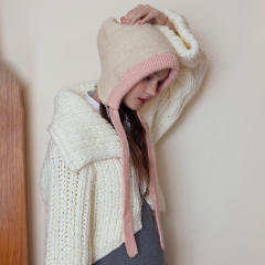 OEM ODM Women's White Chunky Knit Cardigan with Blue Hood