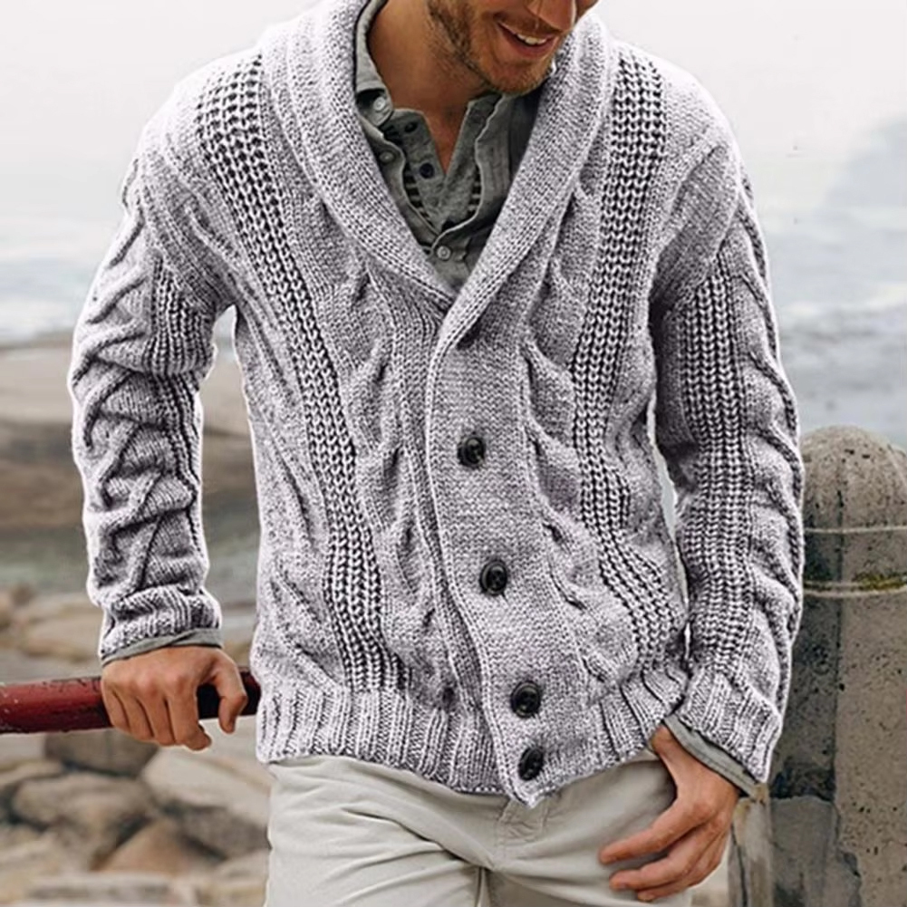 Customized Men's Shawl Collar Cable Knit Cardigan with Button Front – Cozy Sweater Jacket