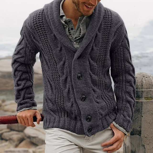 Customized Men's Shawl Collar Cable Knit Cardigan with Button Front – Cozy Sweater Jacket
