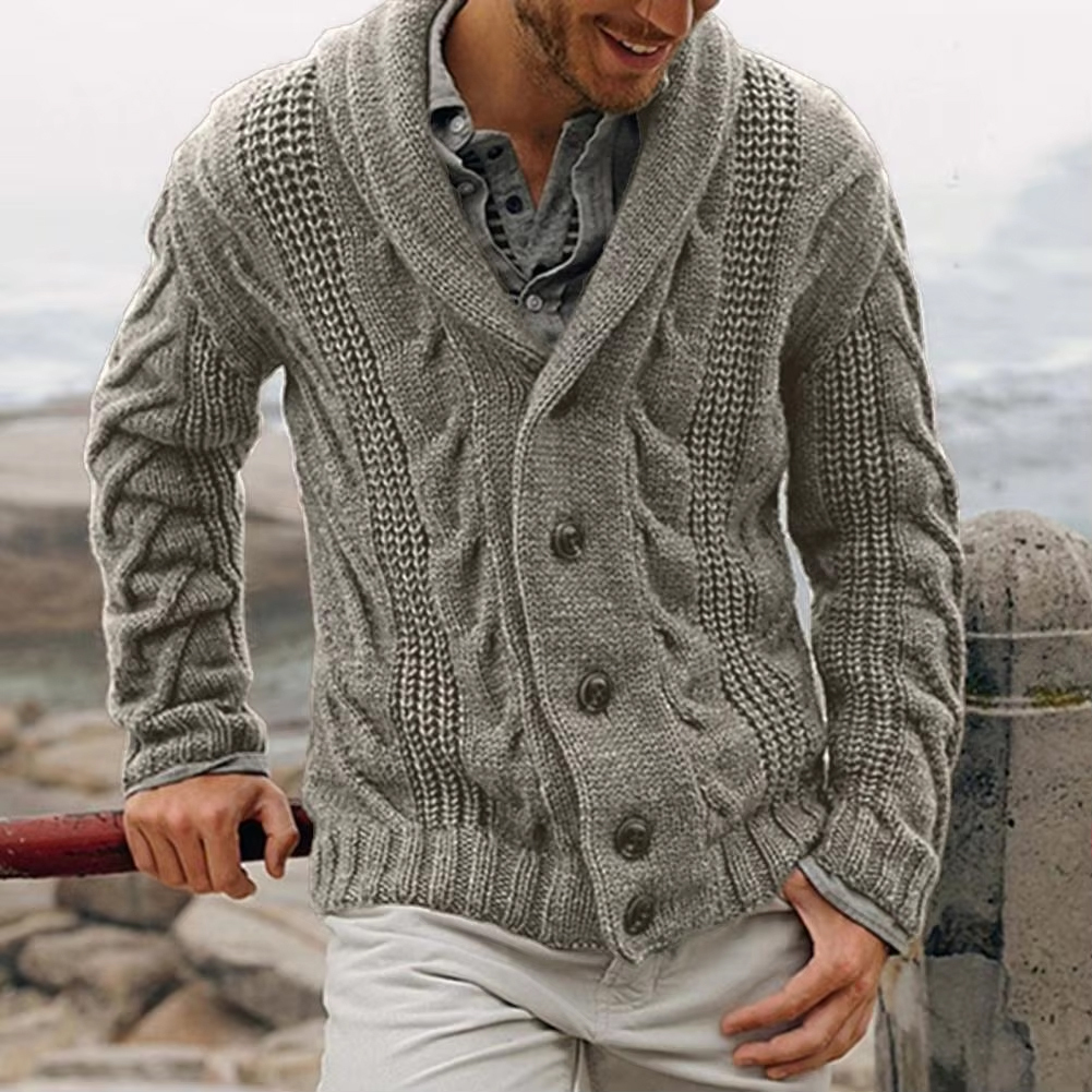 Customized Men's Shawl Collar Cable Knit Cardigan with Button Front – Cozy Sweater Jacket