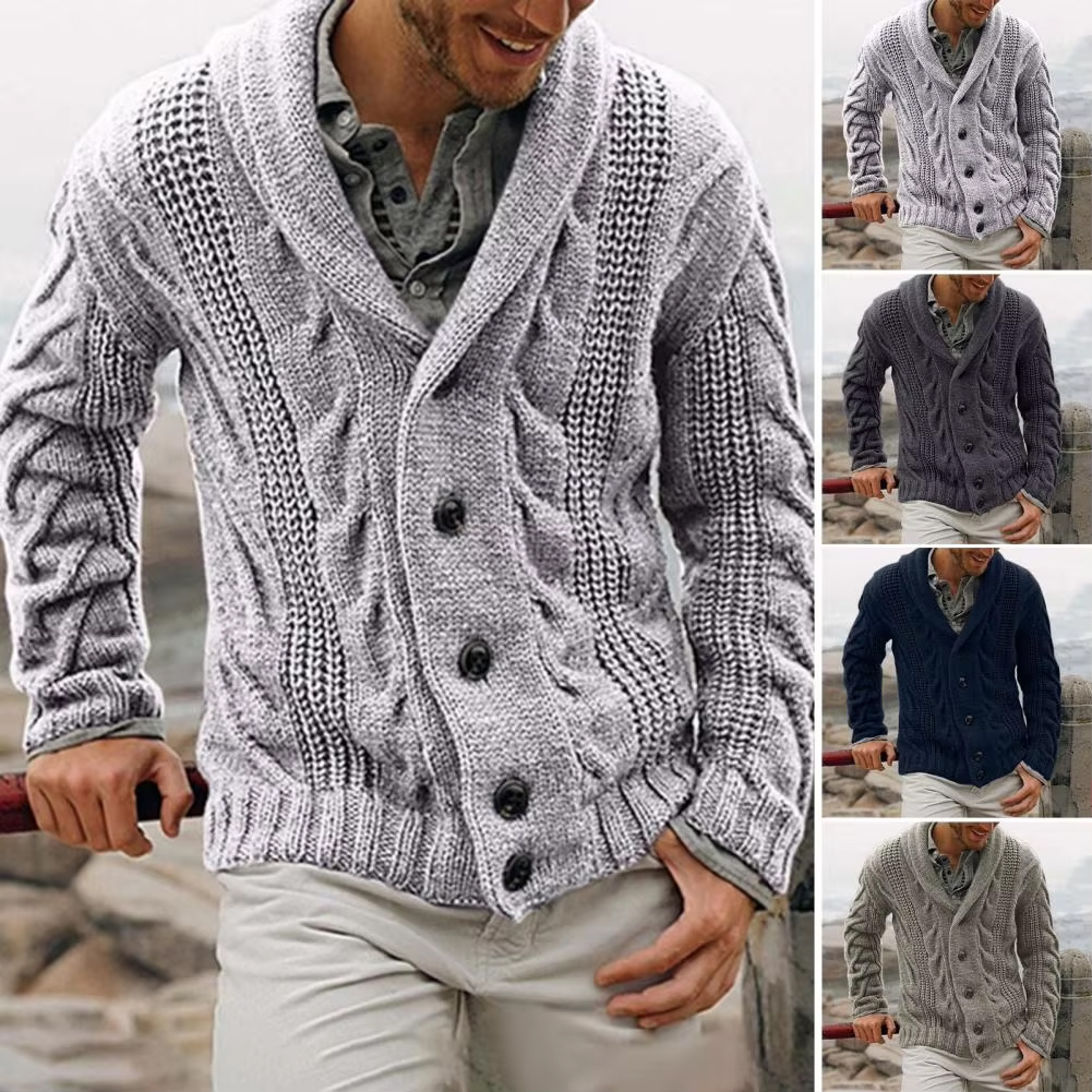 Customized Men's Shawl Collar Cable Knit Cardigan with Button Front – Cozy Sweater Jacket